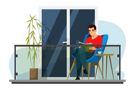 El Hombre Está Leyendo Un Libro En El Balcón De Su Casa Ilustración del