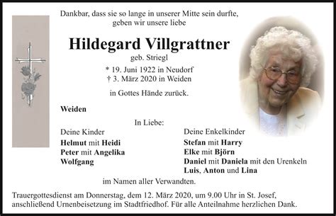 Traueranzeige Hildegard Villgrattner Weiden Oberpfalzecho