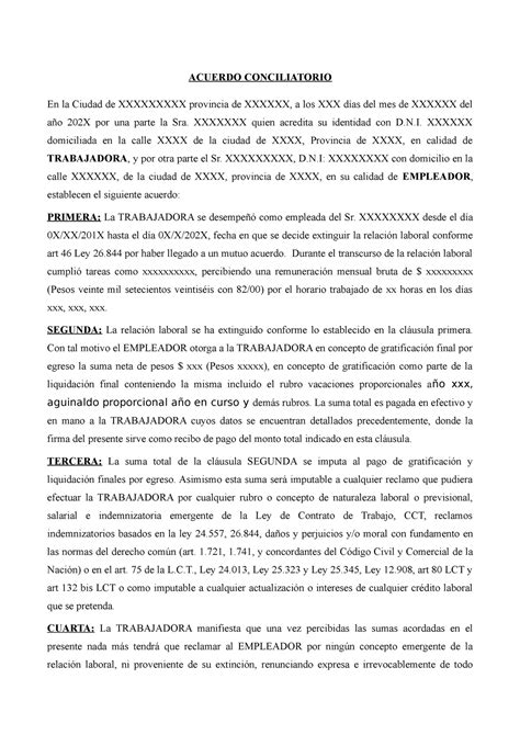 Modelo Acuerdo Laboral Acuerdo Conciliatorio En La Ciudad De