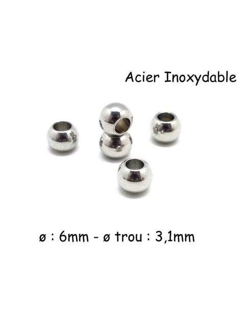 Perle ronde à gros trou en acier inox 6mm