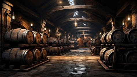 Old Wine Cellar Of Winery With Wooden Barrels Perspective Of Vintage