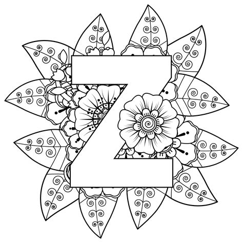 Buchstabe Z Aus Blumen Im Mehndi Stil Malbuchseite Umrisse Hand Draw