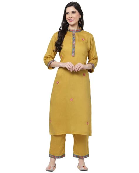 Mustard Yellow Floral Embroidered Kurta By D ART STUDIO The Secret Label