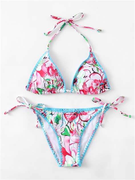 Floral Print Crochet Trim Bikini Set Shein Sheinside