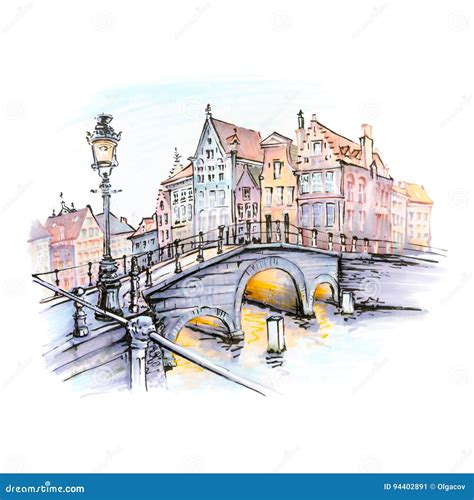 Scenic City View of Bruges Canal, Belgium Stock Illustration - Illustration of canal ...