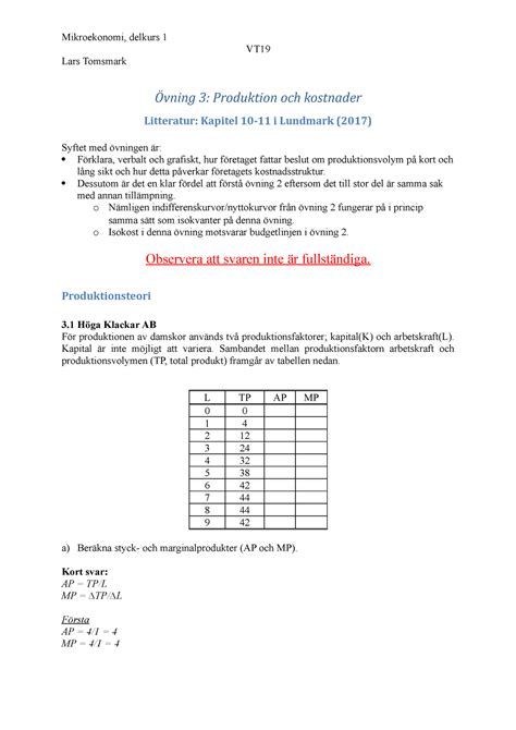 Vning Dk Facit Produktion Kostnader Mikroekonomi Delkurs Vt