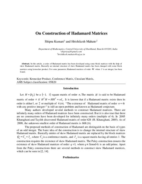 (PDF) On Construction of Hadamard Matrices