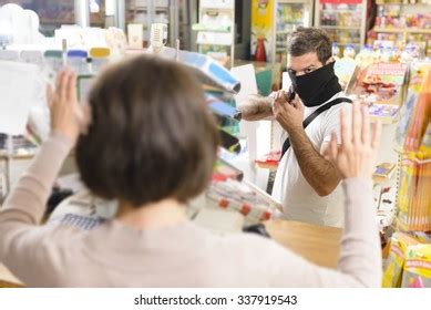 Masked Thief Pointing Gun Sales Woman Stock Photo 337919543 Shutterstock