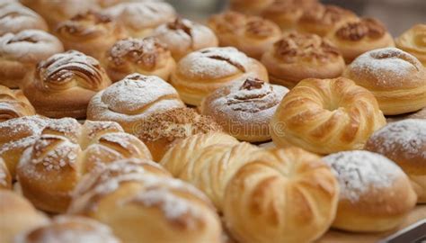 Close Up Freshly Baked Pastry Goods On Display In Bakery Shop