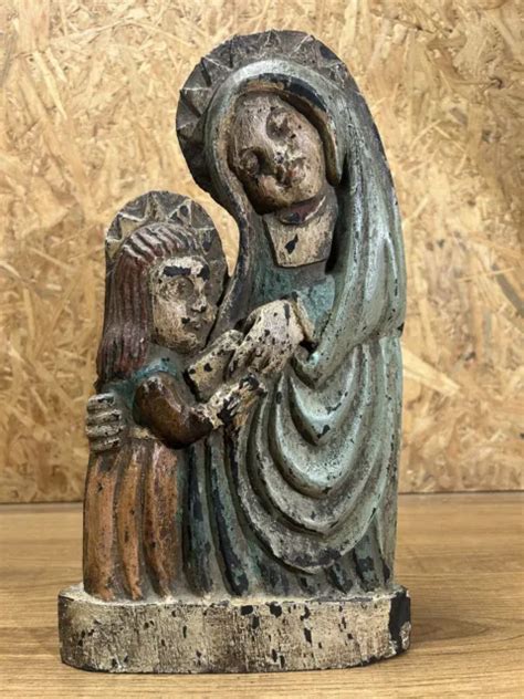 Ancienne Sainte Vierge L Enfant J Sus Sculpture En Bois Polychrome