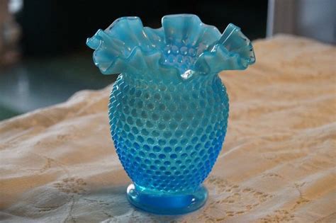 Vintage Fenton Glass Blue Opalescent Hobnail Ruffled Fenton Glass