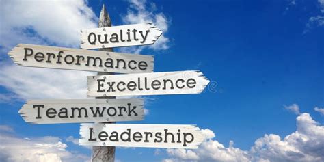 Quality Performance Excellence Teamwork Leadership Wooden Signpost With Five Arrows Stock