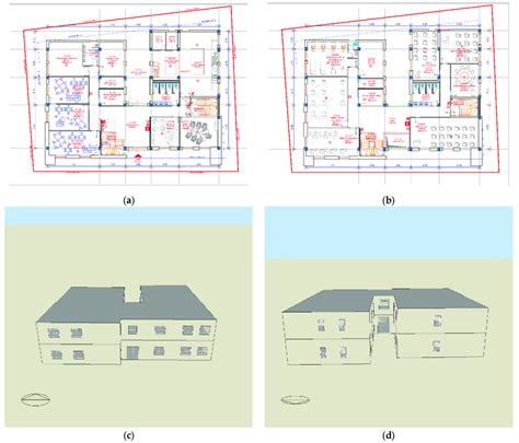 Building. (a) Ground floor plan; (b) 1st-floor plan; (c) 3D rear view ...