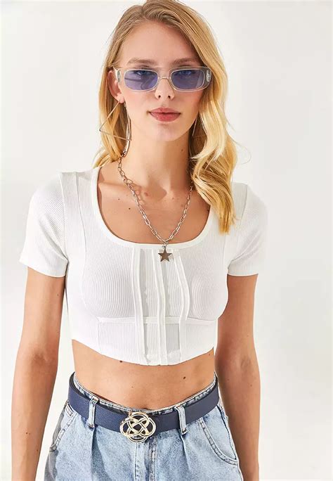 Buy Olalook Ecru Corset Square Neck Crop Blouse 2024 Online Zalora