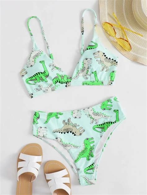 Cartoon Dinosaur High Waisted Bikini Swimsuit Bikinis Bikini