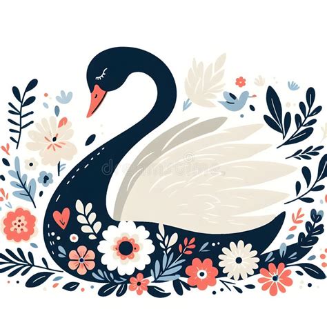 Hermosa Silueta De Cisne Con Flores Ilustraci N Plana Stock De