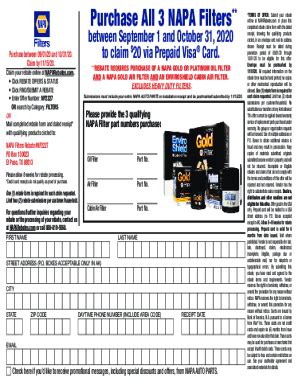 Fillable Online NAPA 20 Oil Cabin Filter Rebate Form Fax Email