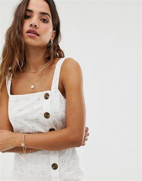 Asos Design Button Through Mini Sundress In Palm Broderie Asos Mini