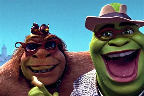 Cinematic Still Of Shrek As Dr Gonzo And Johnny Depp Stable