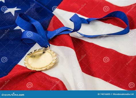 Close Up Of Gold Medal On American Flag Stock Image Image Of