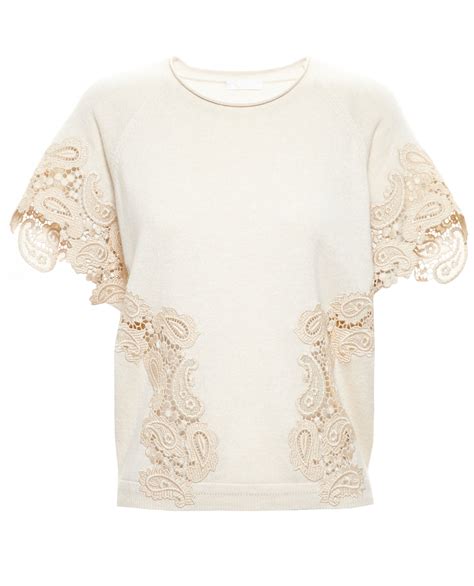 Lyst Chloé Cashmere And Lace Top in Natural