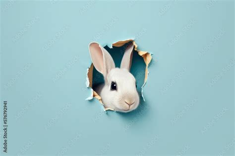 Bunny Peeking Out Of A Hole In Blue Wall Fluffy Eared Bunny Easter