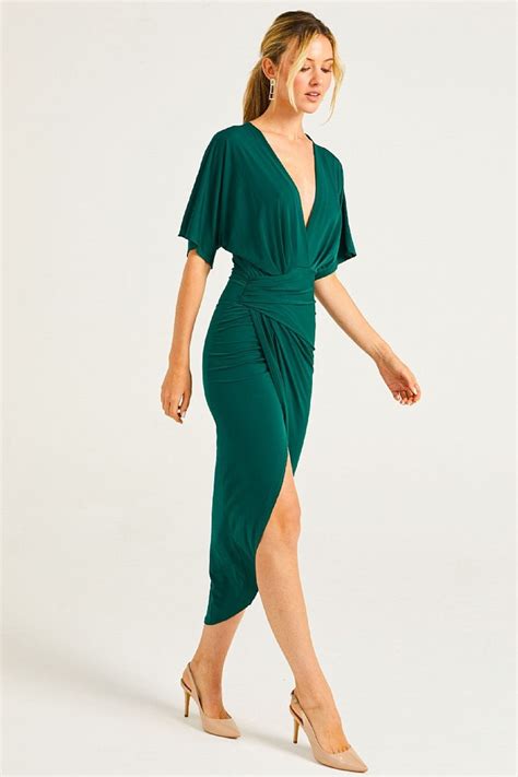 Green Wrap Midi Dress With Flutter Sleeves Aftershock London