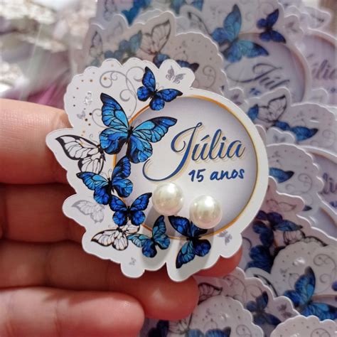 15 Tag personalizada brincos de pérolas tema borboleta azul Mimos e