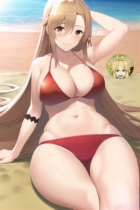 Hentai Busty 1girl Alluring Asuna Sao Auburn Hair Beach Big Breasts