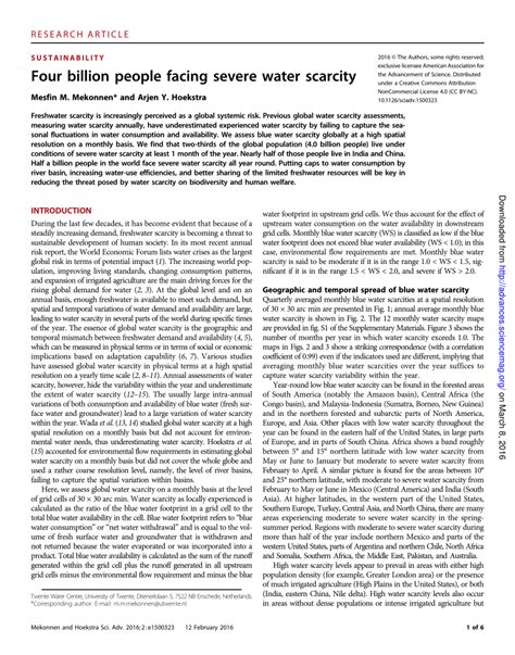 Pdf Four Billion People Facing Severe Water Scarcity