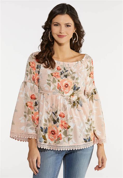 Plus Size Smocked Blush Floral Top Tees Knit Tops Cato Fashions In