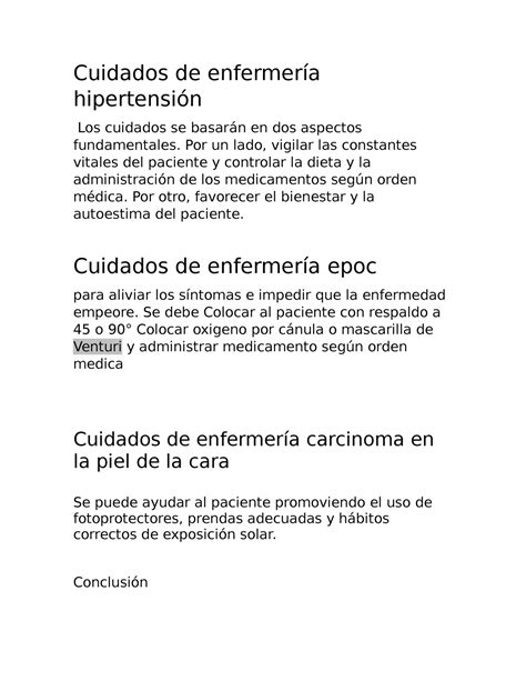 Cuidados De Enfermer A Y Conclusion Cuidados De Enfermer A