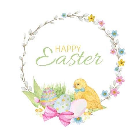 Premium Vector Happy Easter Wreath Hand Painted Round Frame With Pussy Willow Branch Spring