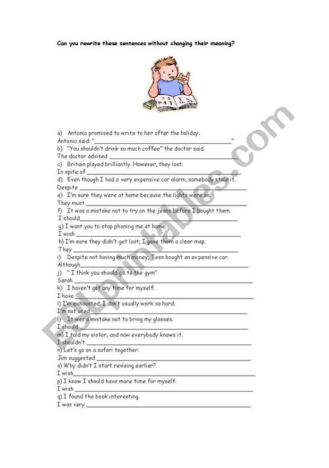 Rewriting Sentences Esl Worksheet By Starfish