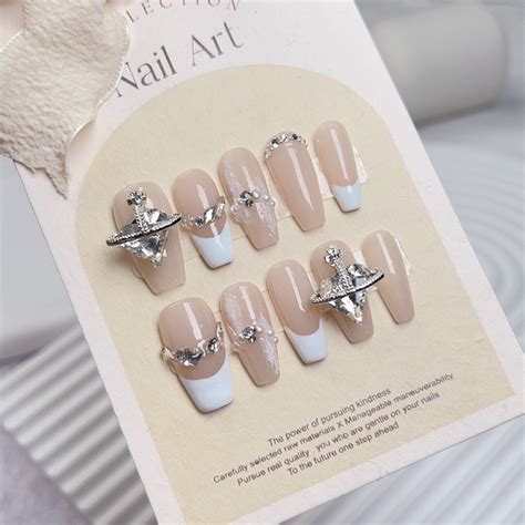 Classic French Tip White Press On Nails Long Coffin Nails Nude Fake Nails Heart Rhinestone Soft