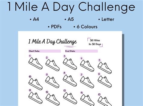 1 Mile A Day Challenge, 30 Day Tracker Printable, 1 Mile A Day Walking or Running Challenge ...