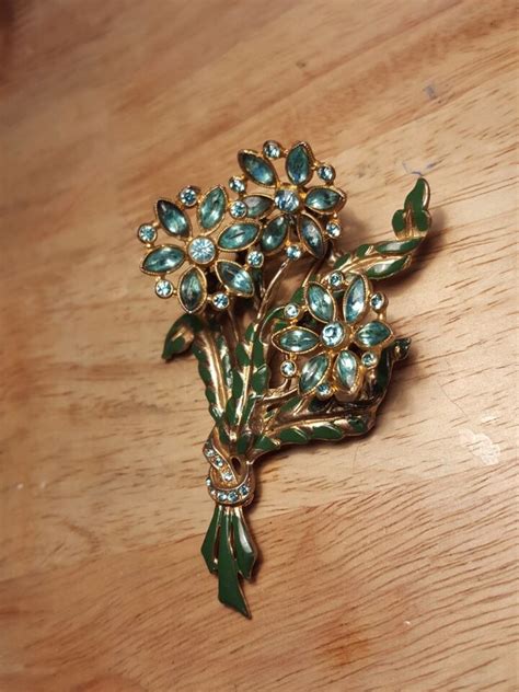 Vintage Trembler Figural Enameled Rhinestone Flower Bouquet Brooch EBay