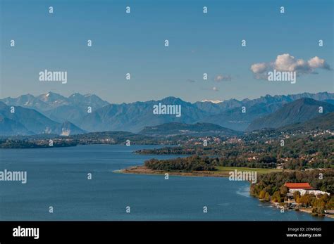 Aerial view of Lake Varese with the Alps in background, Varese, Italy ...