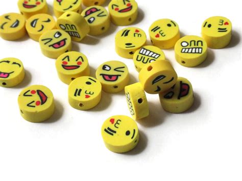 25 Yellow Emoji Beads Polymer Clay Smiley Face Beads Coin Etsy