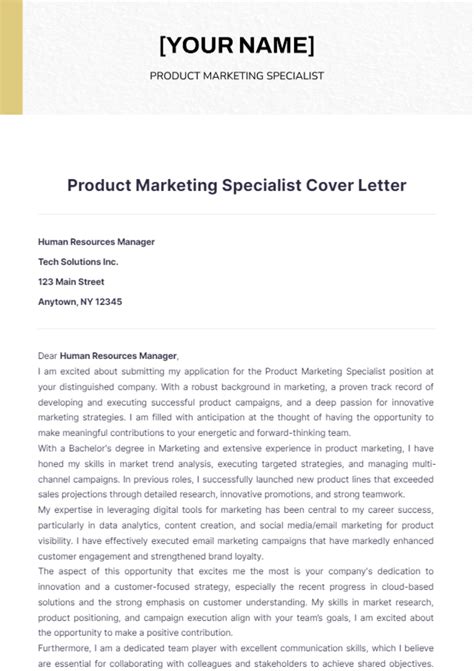 Free Product Marketing Specialist Cover Letter Template Edit Online