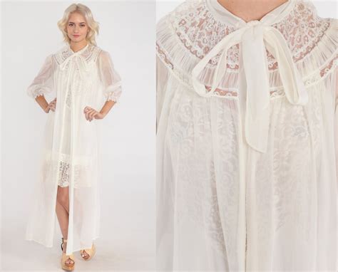 Sheer White Robe S Long Lingerie Jacket Lace Trim Kimono Maxi Peignoir Bohemian Button Up Open