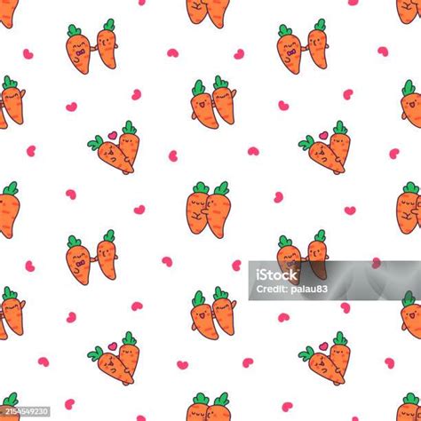 Kawaii Carrot With Funny Faces Seamless Pattern Cute Cartoon Happy Food