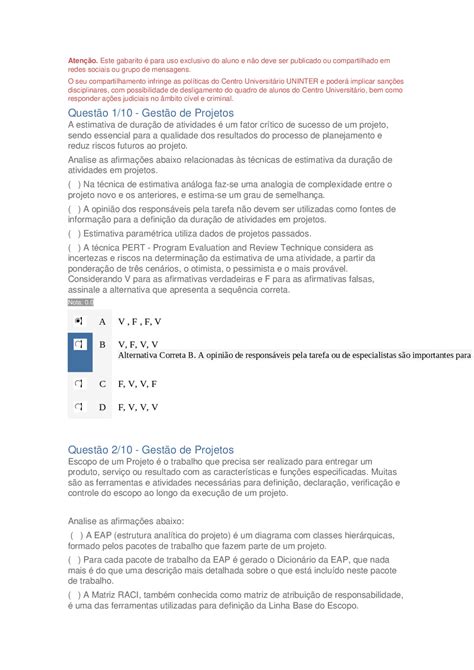 Apol Gest O De Projetos Prove D Esame Project Management Docsity