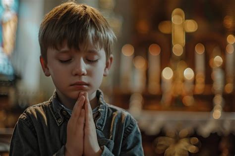 Premium Photo Caucasian Boy Praying In Church Cinematic Effect