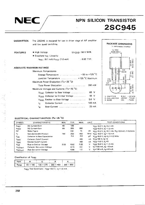 C945p Datasheet13 Pages Nec Npn Silicon Transistoraf Amplifier