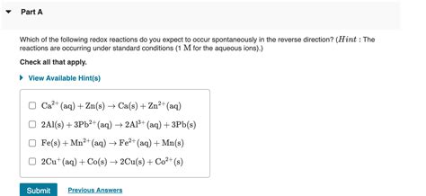 Solved Part A Which Of The Following Redox Reactions Do You Chegg