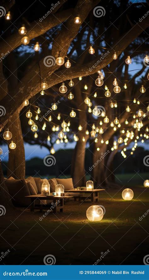 A Backyard Decorated With String Lights Lanterns For Festival Like New