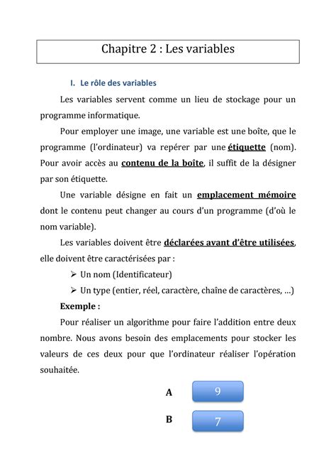 02 Algorithme Les variables Chapitre 2 Les variables I Le rôle