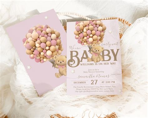 Edit Teddy Bear With Pink Balloon Invitations Bear Themed - Etsy