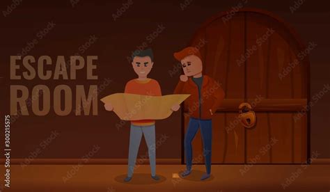 Boys escape room concept banner. Cartoon illustration of boys escape ...